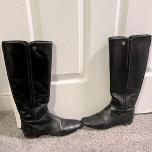 Used Tory Burch Black Leather Boots, Gold Detail, Sz. 7.5, Zipper in the Back